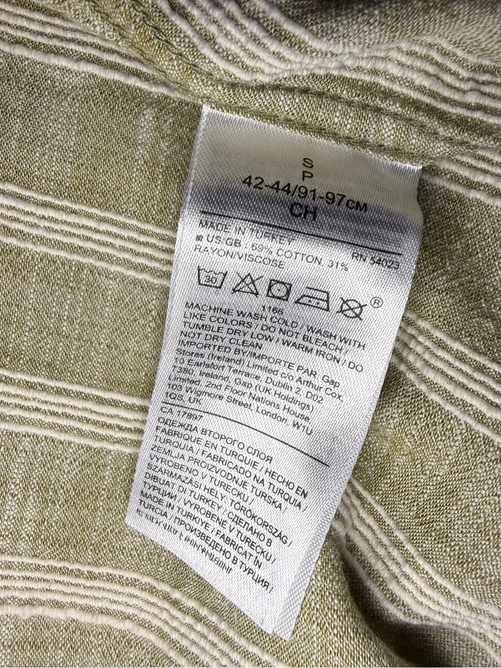 Banana Republic Men’s Linen Blend Camp Shirt Olive Green White Stripe Size S